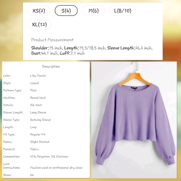 SHEIN Ribbed Long Sleeve Semi-Cropped Tee Lilacs Purple Small - Picture 2 of 5